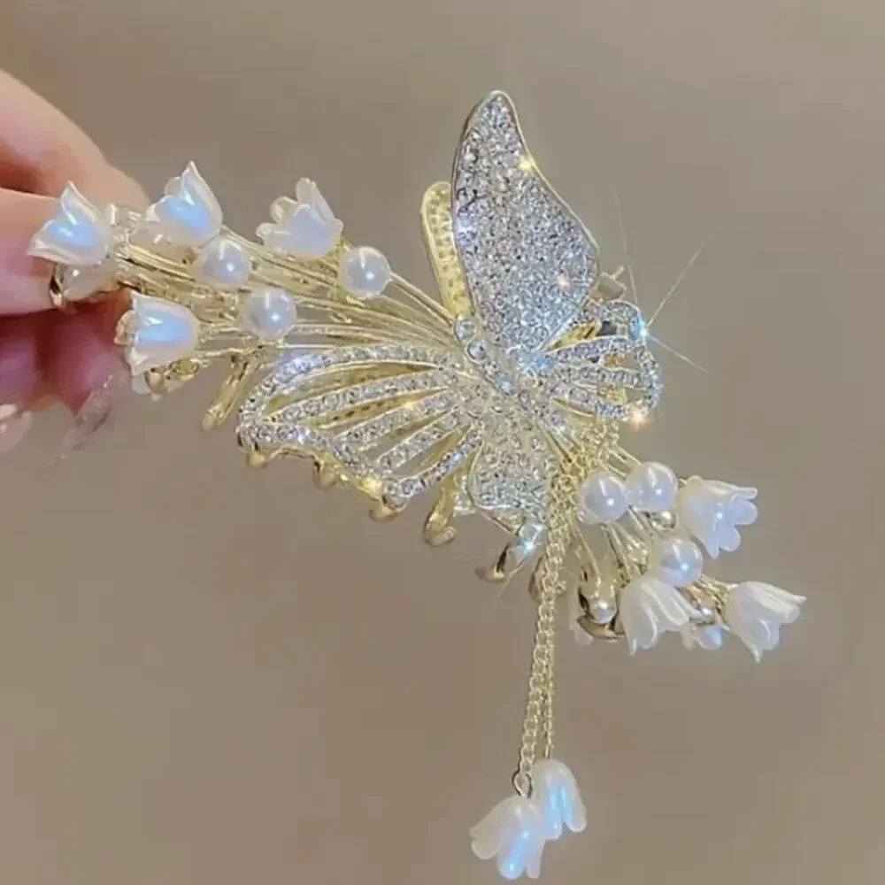 Gold Rhinestone Butterfly Hair Claw Tassel Flower Hair Accessory